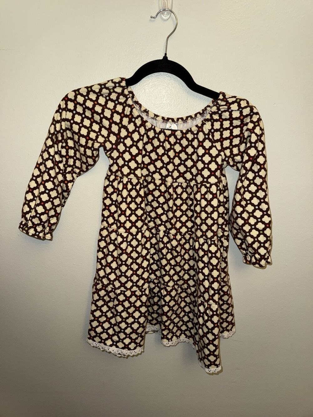 Beehave Girls Dress Size 7 Long Sleeve Tiered Boho Brown Geometric Pattern Lace